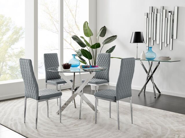FurnitureboxUK Novara Clear Tempered Glass 100cm Round Dining Table with Chrome Starburst Legs & 4 Milan Faux Leather Chairs in Grey - image 1