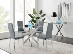 FurnitureboxUK Novara Clear Tempered Glass 100cm Round Dining Table with Chrome Starburst Legs & 4 Milan Faux Leather Chairs in Grey - thumbnail 1