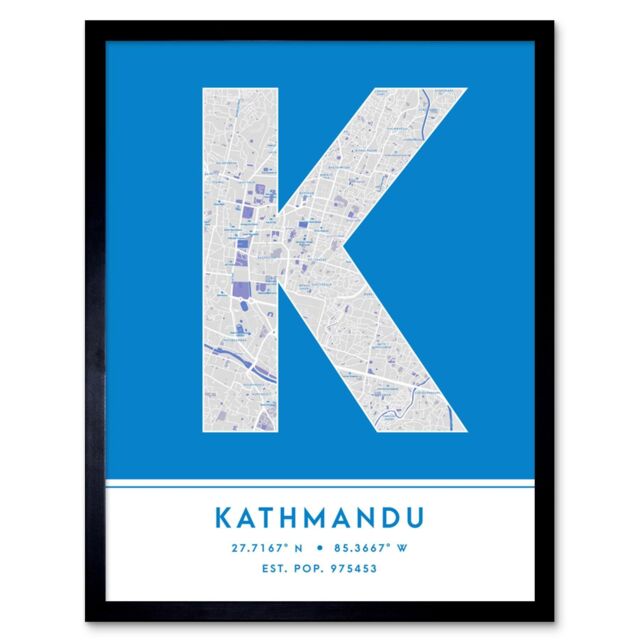 "Wee Blue Coo Wall Art Print Kathmandu Nepal City Map Modern Typography Stylish Letter Framed Word in Blue - Size: W12"" x H16""" - image 1