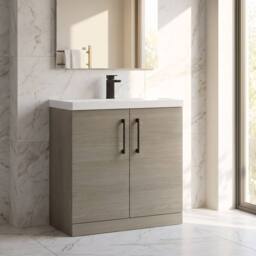 Balterley Bathroom Floor Standing 2-Door Vanity Unit Basin, Solace Oak, 800mm in Brown - thumbnail 4