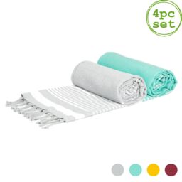 Nicola Spring 100% Cotton Bath Towel Grey/Yellow Turkish Hamman Bath Sheet - 160 x 90cm (x4) - thumbnail 1