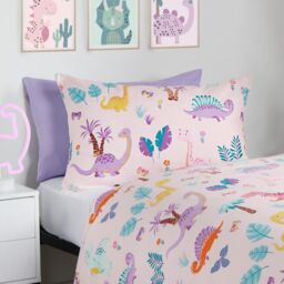 OHS Dino Duvet Cover Bedding Set Reversible Pillowcase Kids Quilt in Pink - Size: Single - thumbnail 2