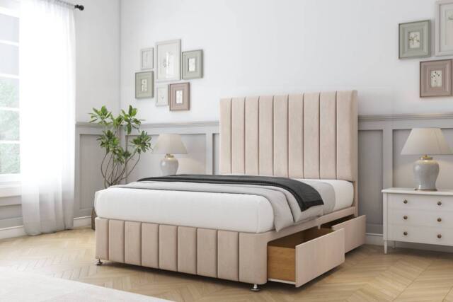 "Comfort Beds Sara Naples Divan Base 2 Drawers - 26"" Headboard-Footboard in Light Sand - Size: King" - image 1