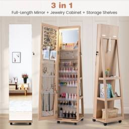 Costway 3-in-1 Jewelry Cabinet 360° Swivel Mirror Jewelry Armoire in Natural - thumbnail 5