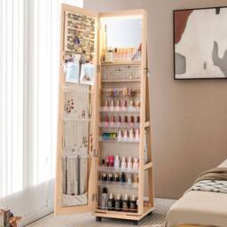 Costway 3-in-1 Jewelry Cabinet 360° Swivel Mirror Jewelry Armoire in Natural - thumbnail 1