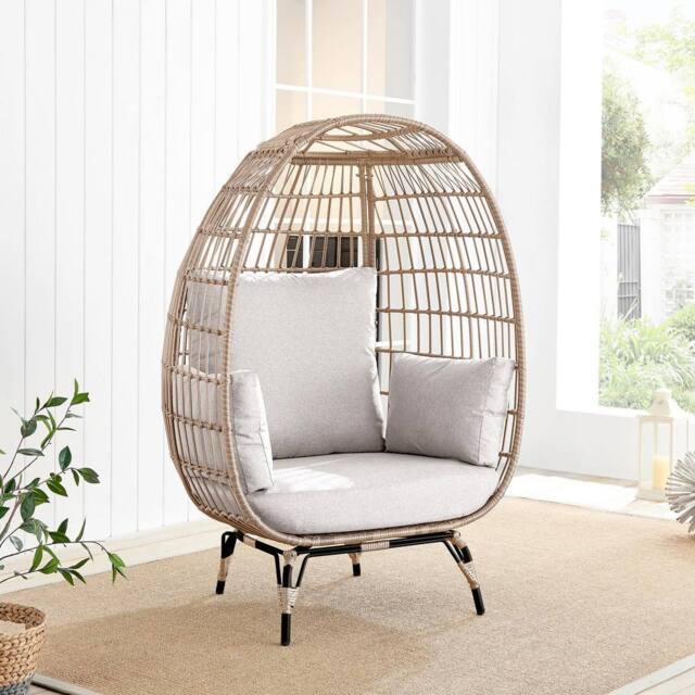 FurnitureboxUK Grey Rattan Garden Egg Chair in PE Resin Rattan for Outdoors & 15cm Luxuriously Thick Cushions - Patio Chair in Beige - image 1