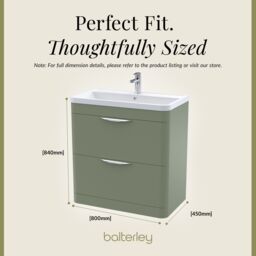 Balterley Contemporary Floor 2 Drawer Bathroom Vanity Unit, Satin Green, 800mm in Green - thumbnail 5