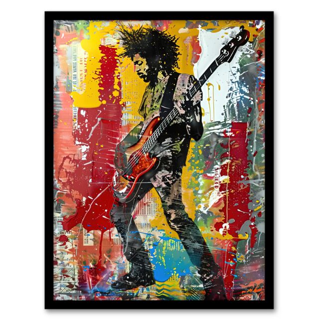 "Artery8 Colourful Bassist Rocker Portrait Street Art Framed Art Print - Size: W12"" x H16""" - image 1