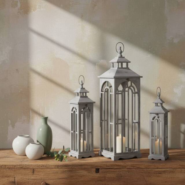 Wyld Haus Set of Three Greywashed Wooden Lanterns Arched Window & Handles in Grey - image 1