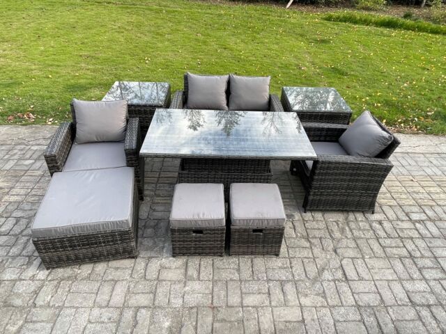 Fimous High Back Rattan Garden Furniture Sofa Sets with Height Adjustable Rising Lifting Table 2 Side Tables 3 Footstools in Dark Grey