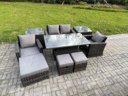 Fimous High Back Rattan Garden Furniture Sofa Sets with Height Adjustable Rising Lifting Table 2 Side Tables 3 Footstools in Dark Grey - thumbnail 2
