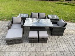 Fimous High Back Rattan Garden Furniture Sofa Sets with Height Adjustable Rising Lifting Table 2 Side Tables 3 Footstools in Dark Grey - thumbnail 1