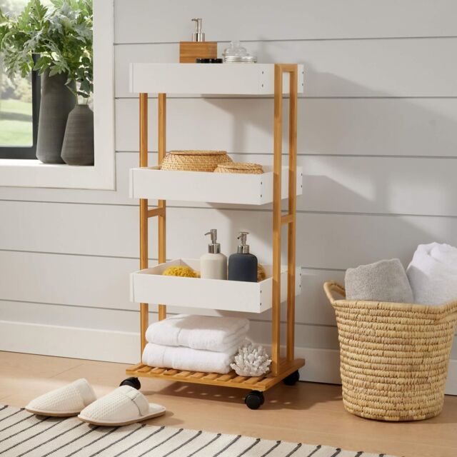Home Source Bamboo Storage Trolley White 4 Tier Wheels Kitchen Bathroom Organiser - image 1