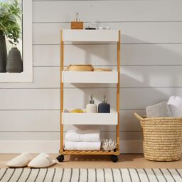 Home Source Bamboo Storage Trolley White 4 Tier Wheels Kitchen Bathroom Organiser - thumbnail 2