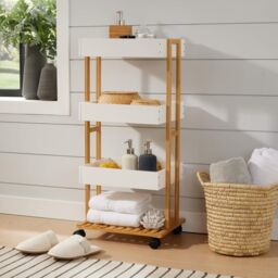Home Source Bamboo Storage Trolley White 4 Tier Wheels Kitchen Bathroom Organiser - thumbnail 1