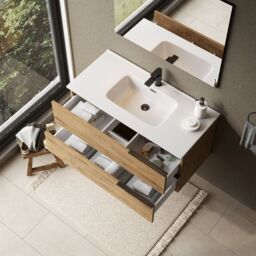 Banyetti Celtic 1000mm Wall Hung Bathroom Vanity Unit with Athena Basin - Ostippo Oak in Light Oak - thumbnail 4