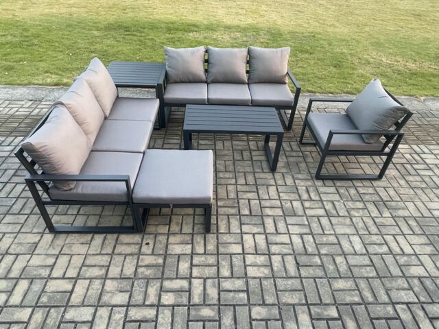 Fimous Aluminium 8 Seater Garden Furniture Outdoor Patio Sofa Set with Rectangular Coffee Table Armchair Big Footstool Side Table in Dark Grey - image 1