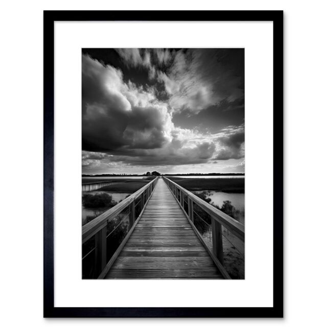 "Artery8 Wall Art Print Wooden Bridge River Landscape Black & White Artwork Framed 9X7 Inch - Size: W7"" x H9""" - image 1