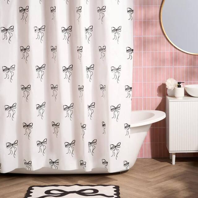 OHS Bows Mould Proof Shower Curtain with 12 Hooks in Black - Size: 180 cm width x 180 cm drop - image 1