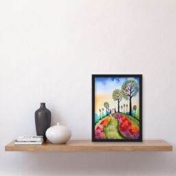 Artery8 Countryside House Path With Flowerbeds Folk Art Landscape Watercolour Painting Artwork Framed Wall Art Print A4 in Black - thumbnail 2