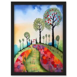 Artery8 Countryside House Path With Flowerbeds Folk Art Landscape Watercolour Painting Artwork Framed Wall Art Print A4 in Black - thumbnail 1