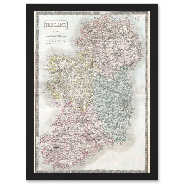 Artery8 Vintage Map 1850 Hall Ireland Emmerald Isle A4 Artwork Framed Wall Art Print in Black - image 1