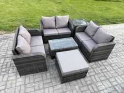 Fimous Outdoor Garden Furniture Sets 7 Seater Wicker Rattan Furniture Sofa Sets with Rectangular Coffee Table Love Sofa Big Footstool Side Table - thumbnail 2