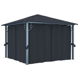 Berkfield Home Gazebo with Curtain&LED String Lights 3x3 m Anthracite Aluminium in Black - thumbnail 4