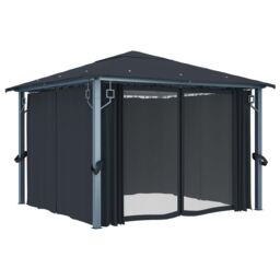 Berkfield Home Gazebo with Curtain&LED String Lights 3x3 m Anthracite Aluminium in Black - thumbnail 5