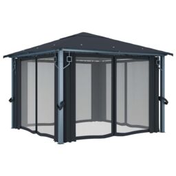 Berkfield Home Gazebo with Curtain&LED String Lights 3x3 m Anthracite Aluminium in Black - thumbnail 6