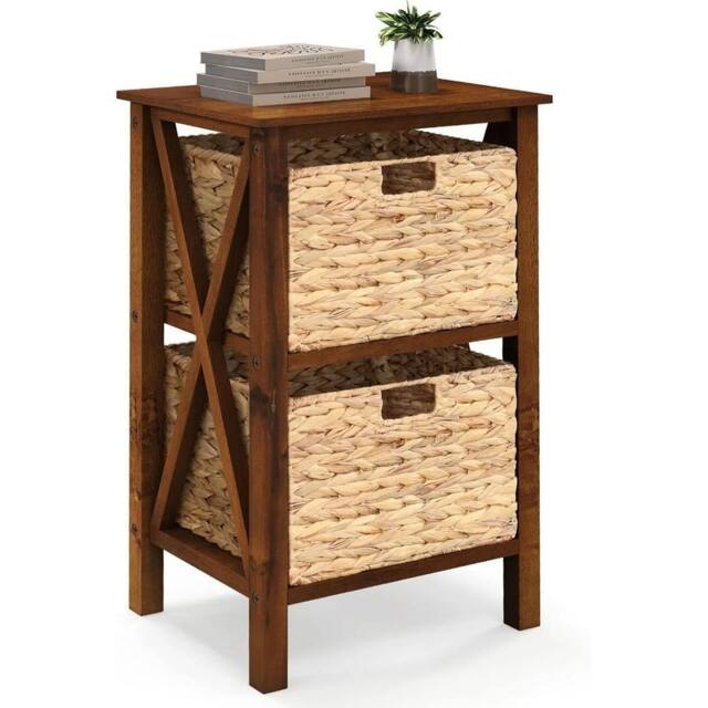 VOGREX Walnut Seagrass Basket Solid Wood Nightstand in Brown - image 1