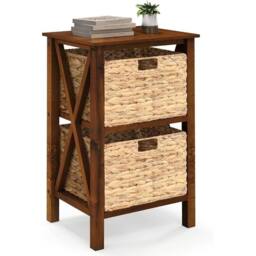 VOGREX Walnut Seagrass Basket Solid Wood Nightstand in Brown - thumbnail 1