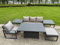 Fimous ALuminum 6 Piece Lounge Seating Set with Lifting Table, 2 Side Tables in Dark Grey - thumbnail 2
