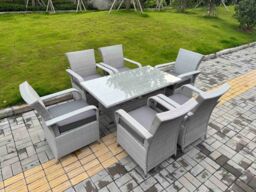 Fimous Rattan Outdoor Garden furniture Set Rectangular Table & 6 Chairs Set in Light Grey - thumbnail 1
