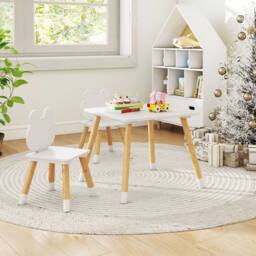Costway 3 Pcs Kids Wooden Table & Chair Set for Reading in White - thumbnail 6