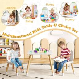 Costway 3 Pcs Kids Wooden Table & Chair Set for Reading in White - thumbnail 8
