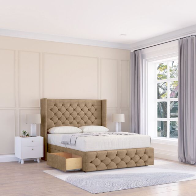 "Sloomy Luthor Naples Wingback Bed Set, 2 Drawers & 54"" Floor Standing Headboard in Light Brown - Size: King"
