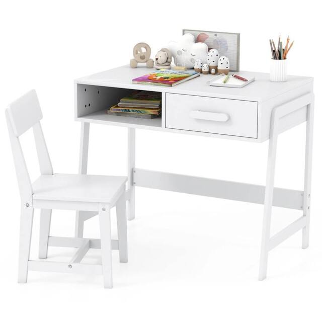 VOGREX White Wooden Kids Desk & Chair Set with Drawer - image 1