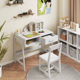 VOGREX White Wooden Kids Desk & Chair Set with Drawer - thumbnail 3