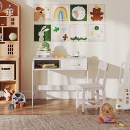 VOGREX White Wooden Kids Desk & Chair Set with Drawer - thumbnail 4