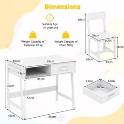 VOGREX White Wooden Kids Desk & Chair Set with Drawer - thumbnail 2