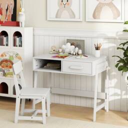 VOGREX White Wooden Kids Desk & Chair Set with Drawer - thumbnail 5