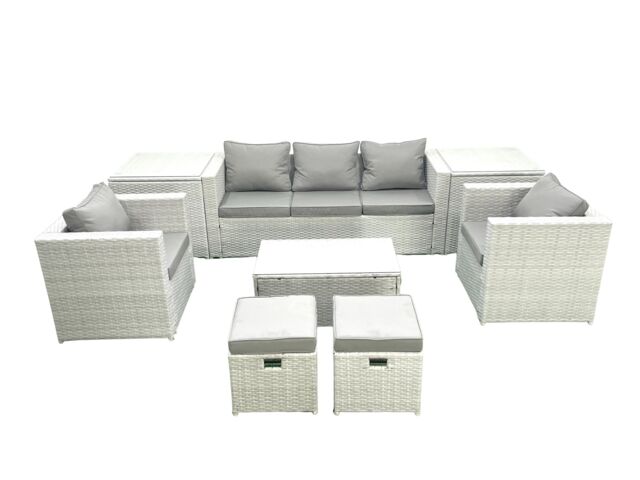 Fimous 7 Seater Rattan Garden Furniture Set with 3 Seater Sofa 2 Chair Rectangular Coffee Table 2 Small Footstools 2 Side Tables Light Grey Mixed - image 1