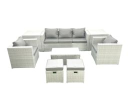 Fimous 7 Seater Rattan Garden Furniture Set with 3 Seater Sofa 2 Chair Rectangular Coffee Table 2 Small Footstools 2 Side Tables Light Grey Mixed - thumbnail 1