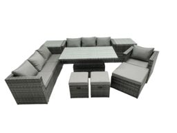 Fimous Rattan Lounge Sofa Rising Dining Table Set & 2 Side Tables 3 Footstool in Dark Grey - thumbnail 2