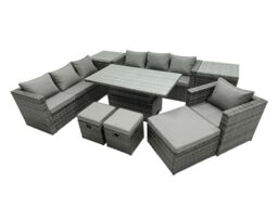 Fimous Rattan Lounge Sofa Rising Dining Table Set & 2 Side Tables 3 Footstool in Dark Grey - thumbnail 1