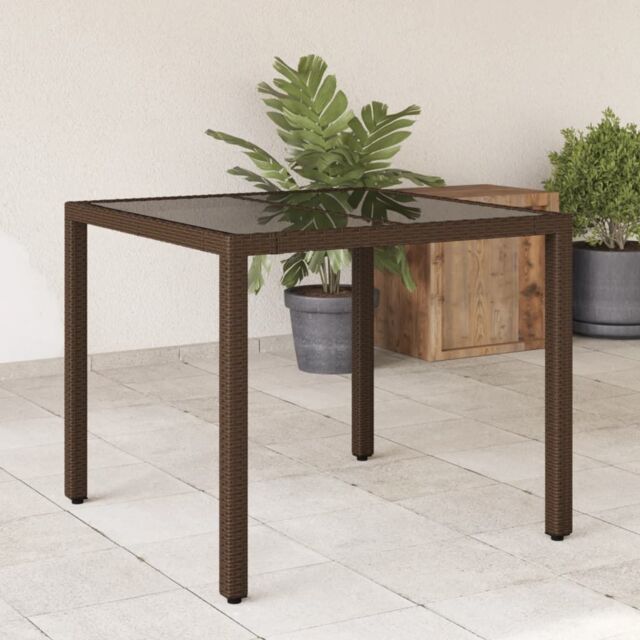 Berkfield Home Garden Table with Glass Top Brown 90x90x75 cm Poly Rattan - Size: 90 x 90 x 75 cm - image 1