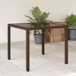 Berkfield Home Garden Table with Glass Top Brown 90x90x75 cm Poly Rattan - Size: 90 x 90 x 75 cm - thumbnail 1
