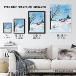 "Artery8 Red Swedish Cottage in Winter Snow Countryside Framed Wall Art in Blue - Size: W12"" x H16""" - thumbnail 3