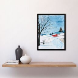 "Artery8 Red Swedish Cottage in Winter Snow Countryside Framed Wall Art in Blue - Size: W12"" x H16""" - thumbnail 4